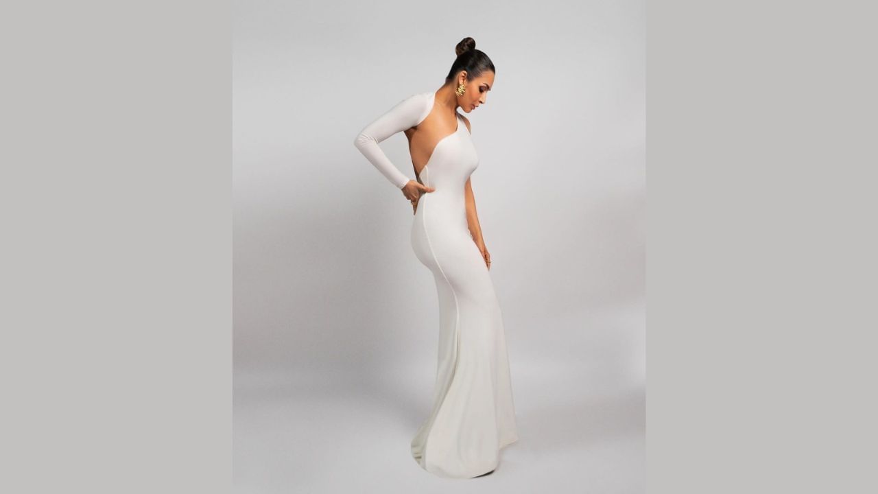 malaika arora white single sleeve bodycon gown (1)
