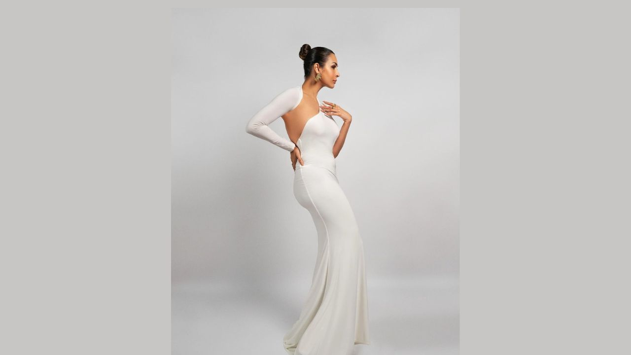 malaika arora white single sleeve bodycon gown (2)