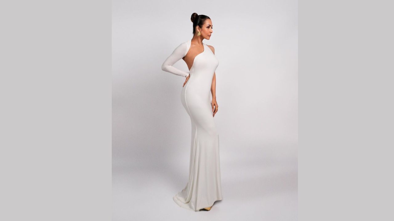 malaika arora white single sleeve bodycon gown (3)