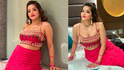 ગુલાબી રંગના બ્લાઉઝ અને લહેંગામાં મોનાલિસા અપ્સરા જેવી સુંદર લાગી રહી છે.