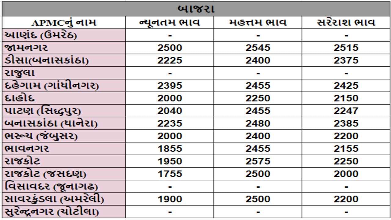 બાજરાના તા.13-05-2024ના રોજ APMCના ભાવ રૂ.1755 થી 2575 રહ્યા.