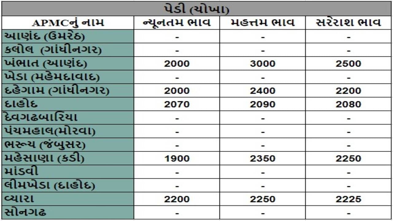 પેડી (ચોખા)ના તા.09-05-2024ના રોજ APMCના ભાવ રૂ.1900 થી 3000 રહ્યા.