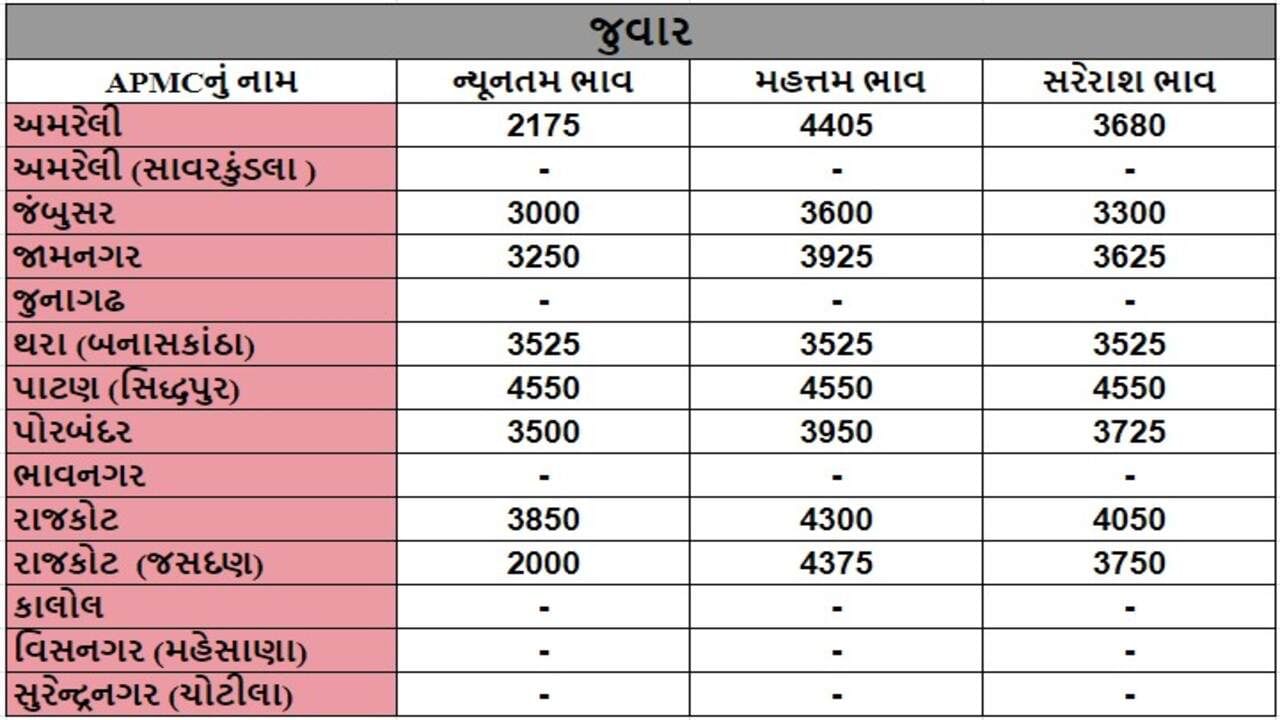 જુવારના તા.21-05-2024ના રોજ APMCના ભાવ રૂ.2000 થી 4550 રહ્યા.