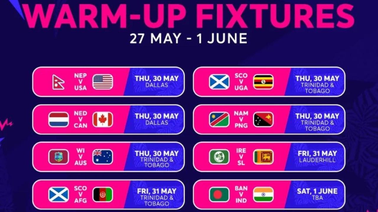 તમને જણાવી દઈએ કે, 26 મેના રોજ આઈપીએલ 2024ની ફાઈનલ મેચ રમાશે. જેના કારણે વર્લ્ડકપમાં ભાગ લઈ રહેલી 20 ટીમમાંથી માત્ર 16 ટીમ વોર્મ અપ મેચ રમશે. વોર્મ અપ મેચની ટિકિટ Tickets.t20worldcup.com પરથી ખરીદી શકો છો.