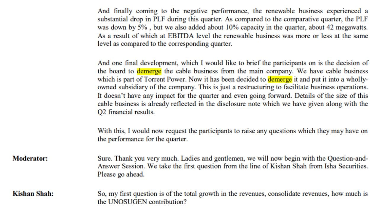 કંપનીના અધિકારીઓએ જણાવ્યું છે કે, ટોરેન્ટ પાવરનો જ એક ભાગ એવા કેબલ બિઝનેસને મુખ્ય કંપનીમાંથી અલગ કરવાનો કંપનીના બોર્ડે નિર્ણય લીધો છે. 