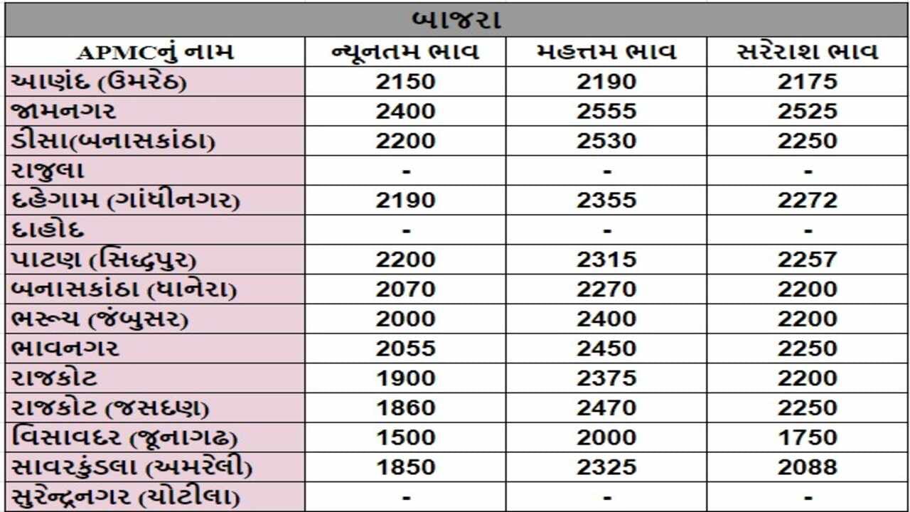 બાજરાના તા.12-06-2024ના રોજ APMCના ભાવ રૂ.1500 થી 2555 રહ્યા.