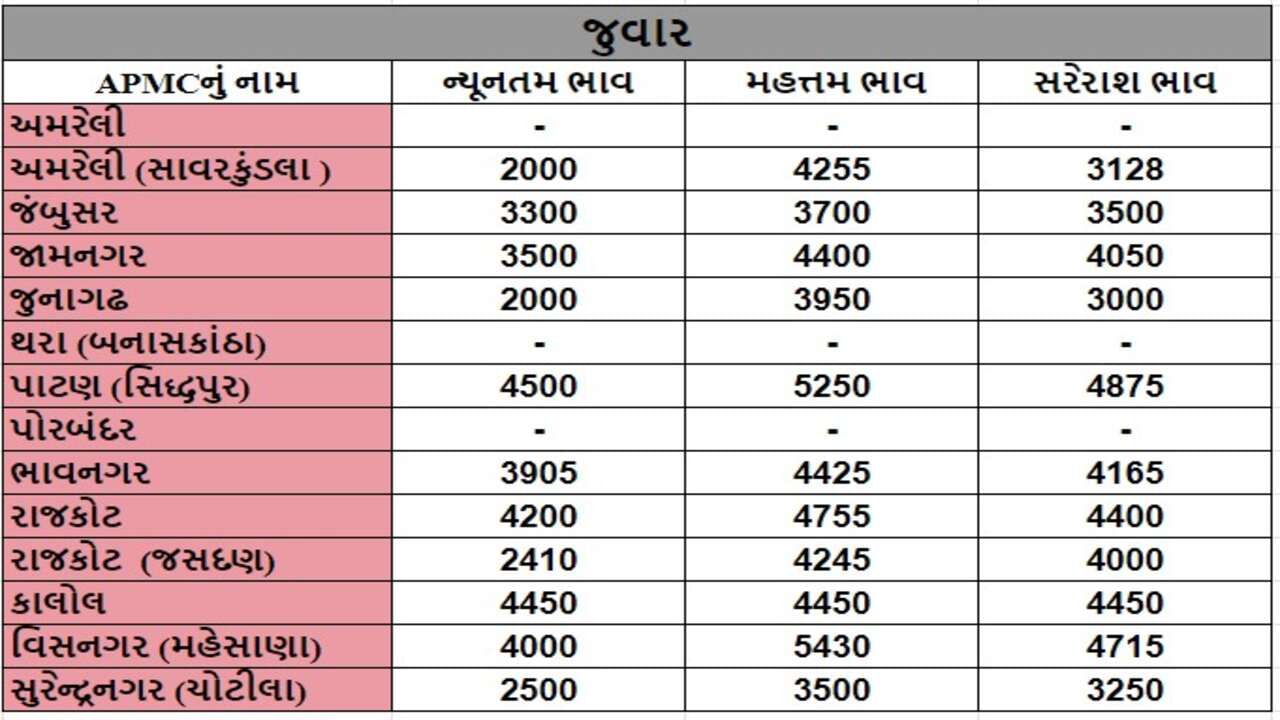 જુવારના તા.25-06-2024ના રોજ APMCના ભાવ રૂ.2000 થી 5430 રહ્યા.