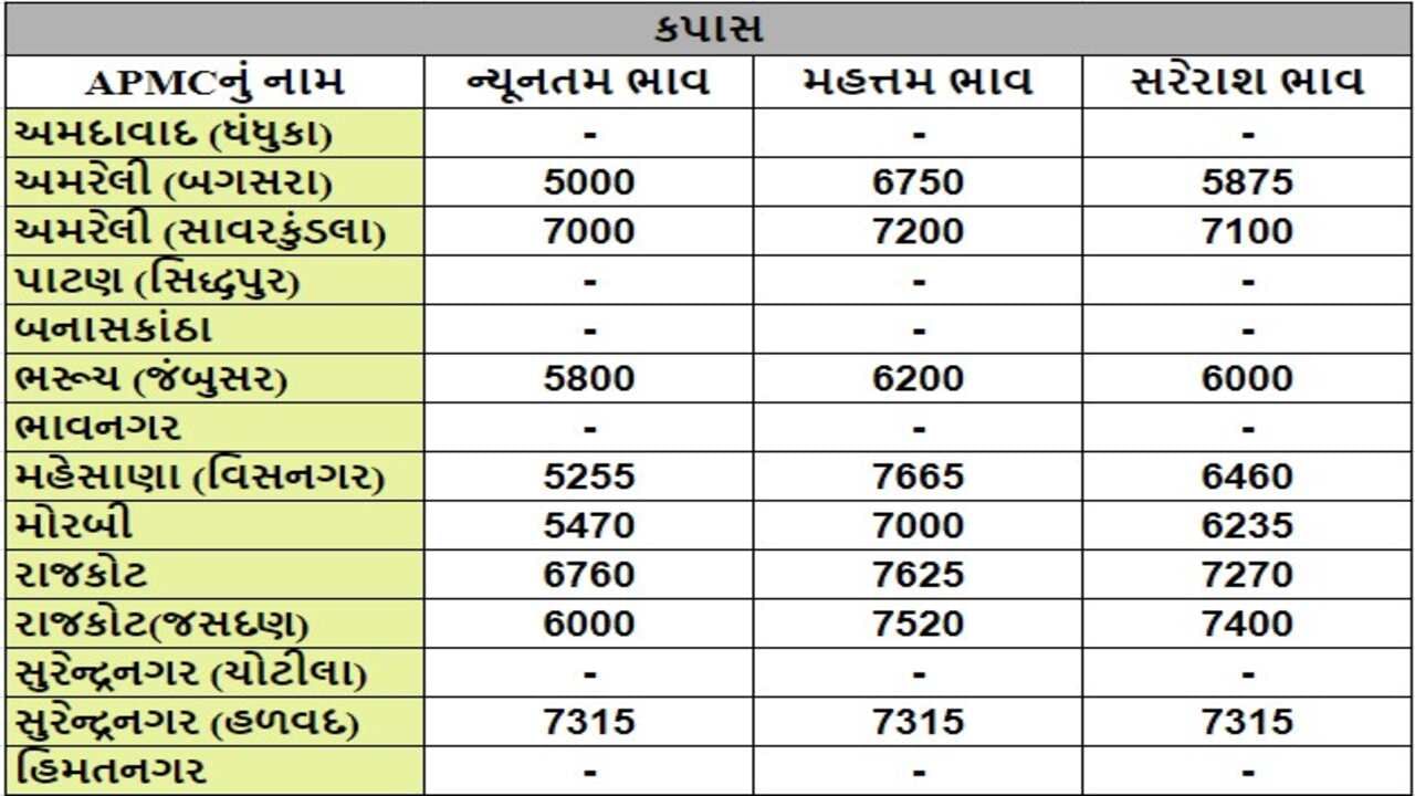 કપાસના તા.24-06-2024ના રોજ APMCના ભાવ રૂ.5000 થી 7665 રહ્યા.