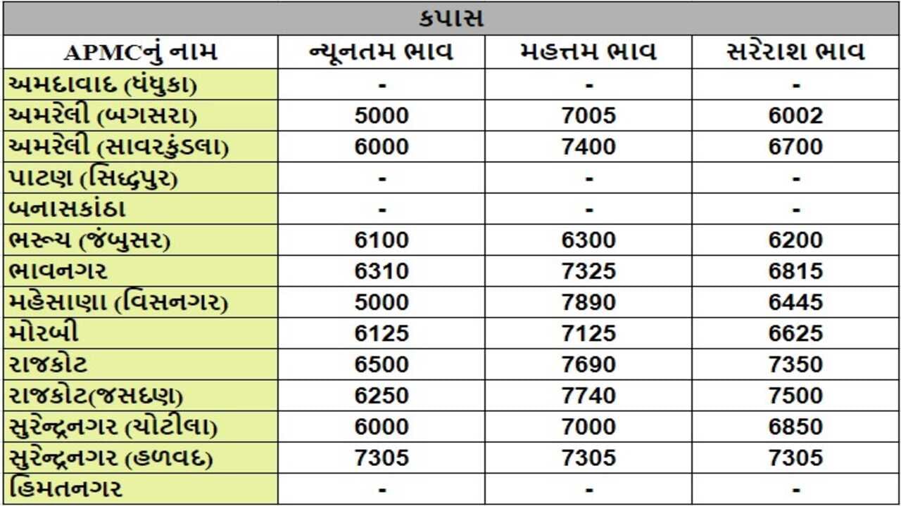 કપાસના તા.25-06-2024ના રોજ APMCના ભાવ રૂ.5000 થી 7890 રહ્યા.