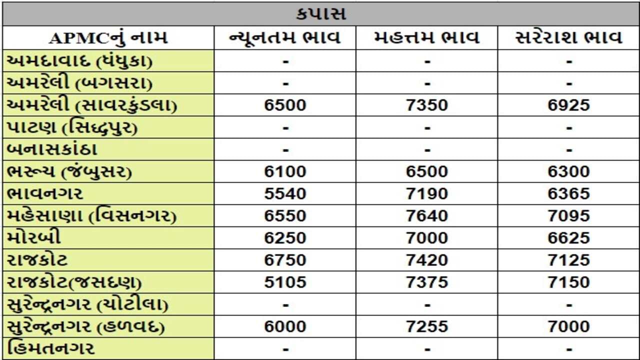 કપાસના તા.12-06-2024ના રોજ APMCના ભાવ રૂ.5105 થી 7640 રહ્યા.