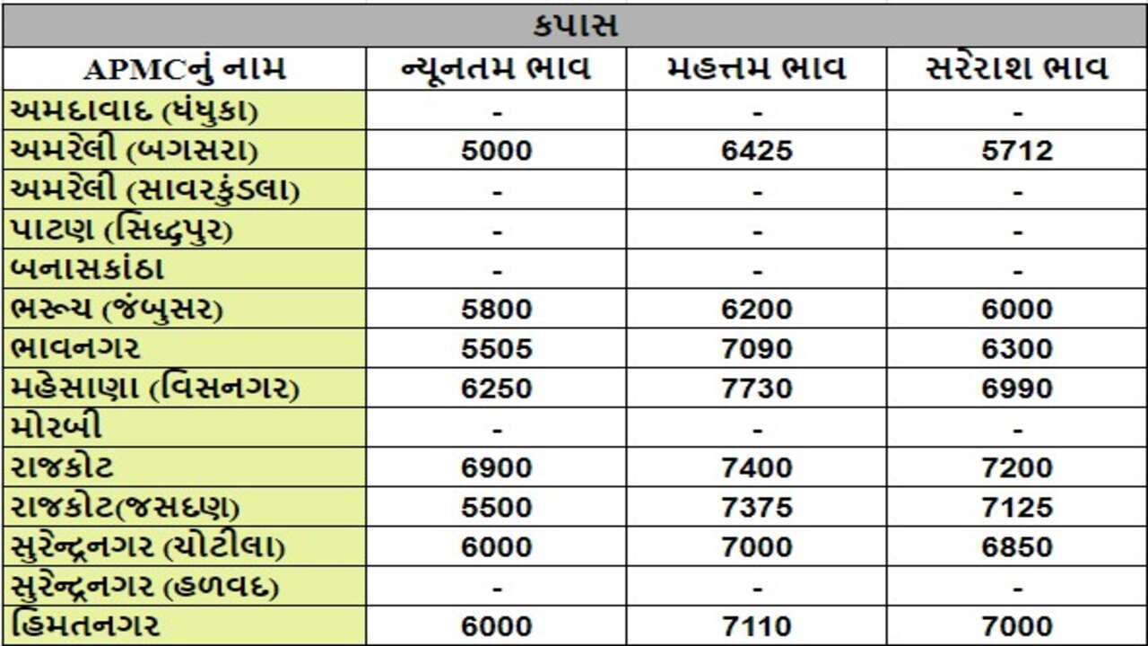 કપાસના તા.11-06-2024ના રોજ APMCના ભાવ રૂ.5000 થી 7730 રહ્યા.