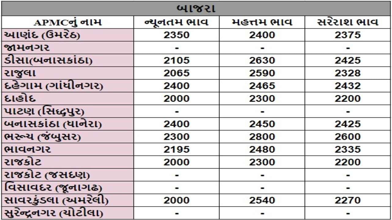 બાજરાના તા.29-07-2024ના રોજ APMCના ભાવ રૂ.2000 થી 2800 રહ્યા.