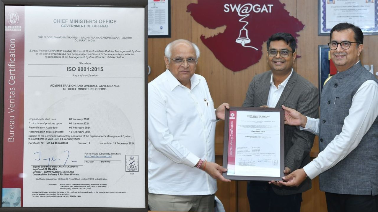 ગુજરાતના મુખ્યમંત્રી કાર્યાલયને ISO 9001:2015નું સર્ટિફિકેશન એનાયત, દેશમાં એકમાત્ર CMO