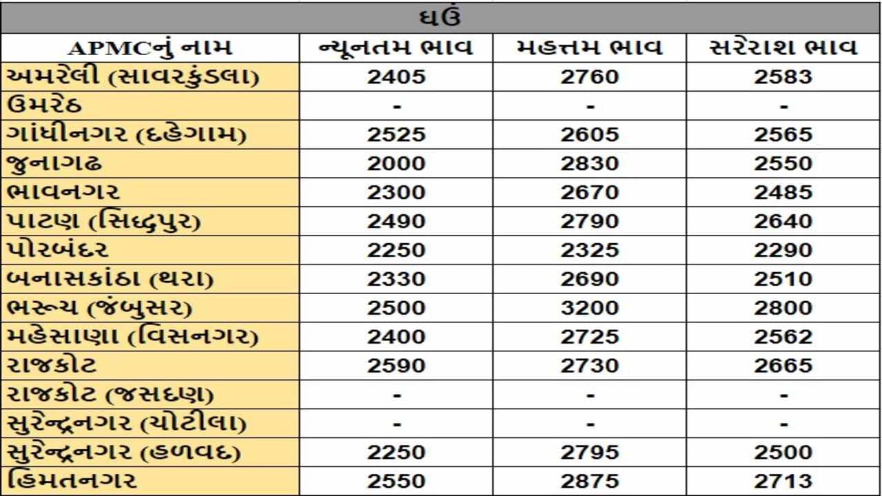 ઘઉંના તા.29-07-2024ના રોજ APMCના ભાવ રૂ.2000 થી 3200 રહ્યા.