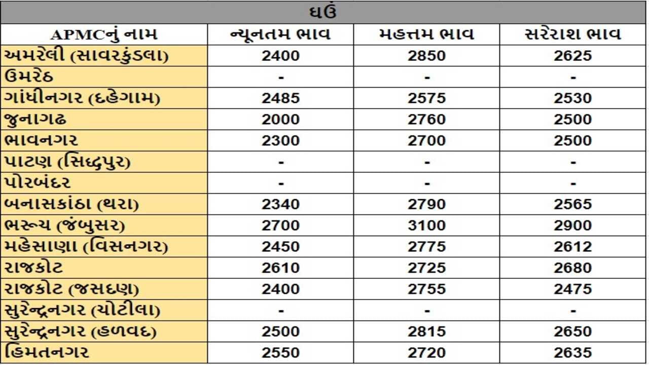 ઘઉંના તા.24-07-2024ના રોજ APMCના ભાવ રૂ.2000 થી 3100 રહ્યા.