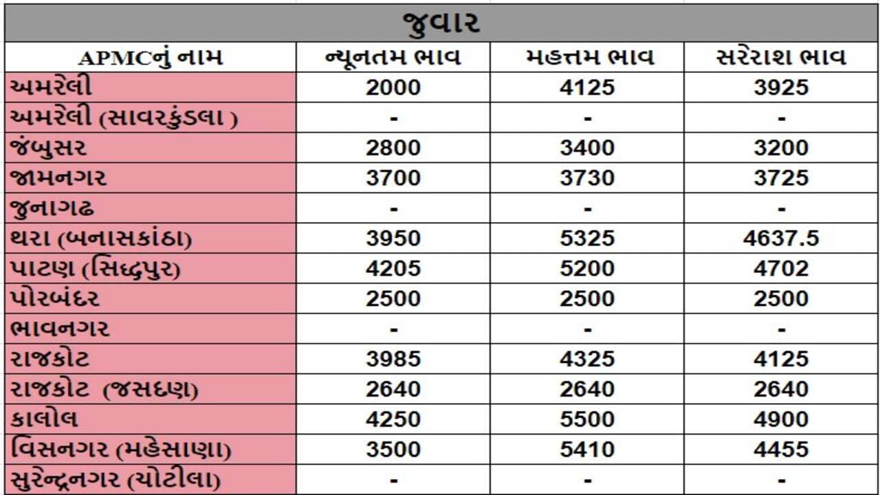 જુવારના તા.16-07-2024ના રોજ APMCના ભાવ રૂ.2000 થી 5500 રહ્યા.