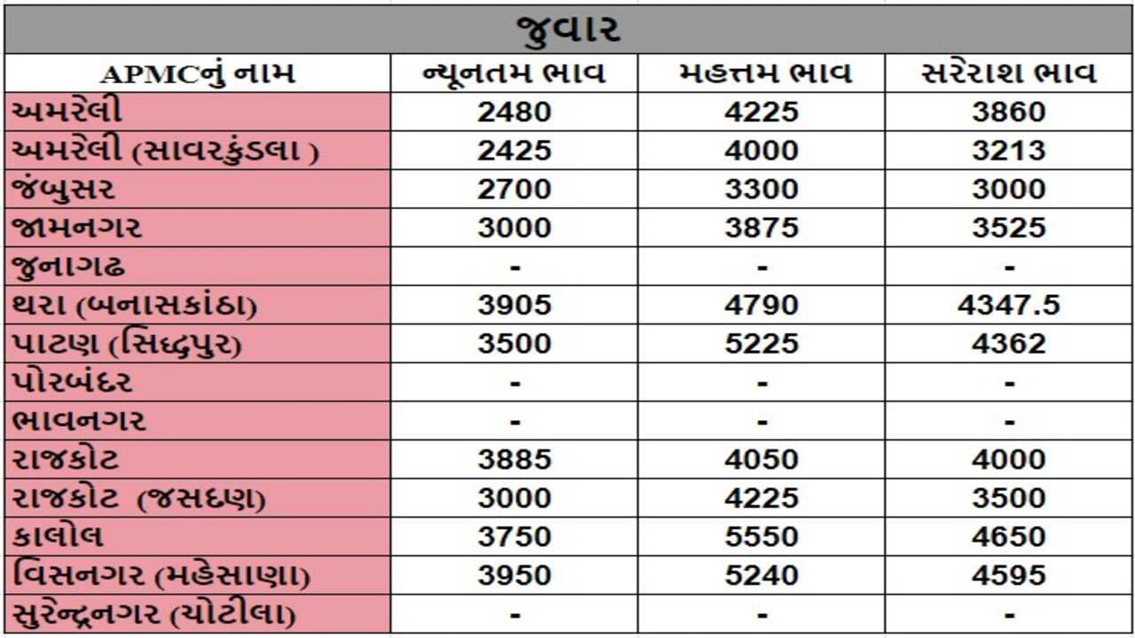 જુવારના તા.23-07-2024ના રોજ APMCના ભાવ રૂ.2425 થી 5550 રહ્યા.