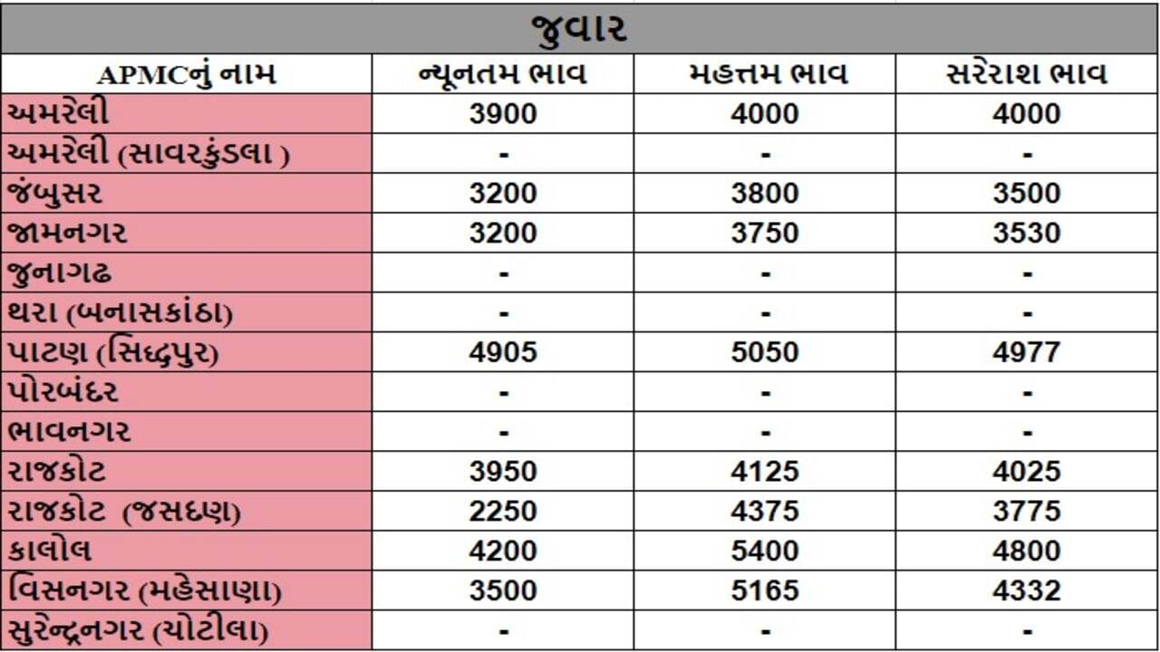 જુવારના તા.24-07-2024ના રોજ APMCના ભાવ રૂ.2250 થી 5400 રહ્યા.