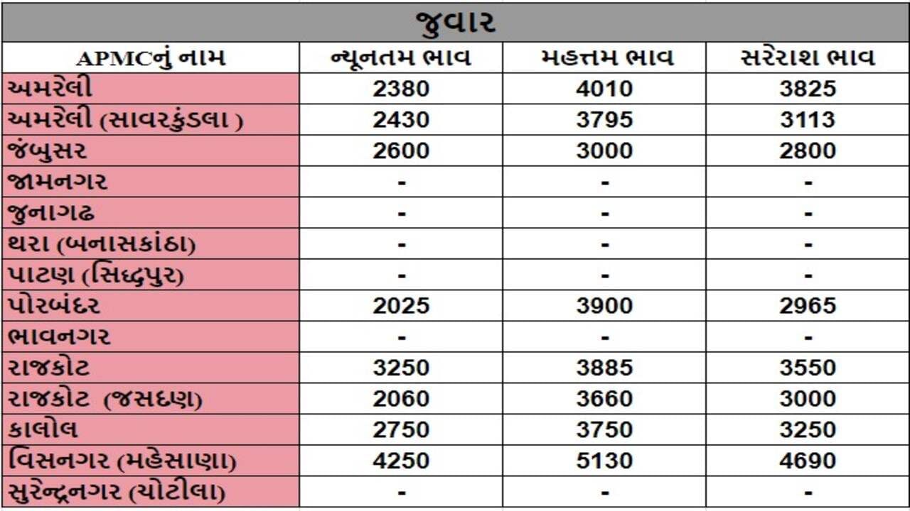 જુવારના તા.30-07-2024ના રોજ APMCના ભાવ રૂ.2025 થી 4010 રહ્યા.