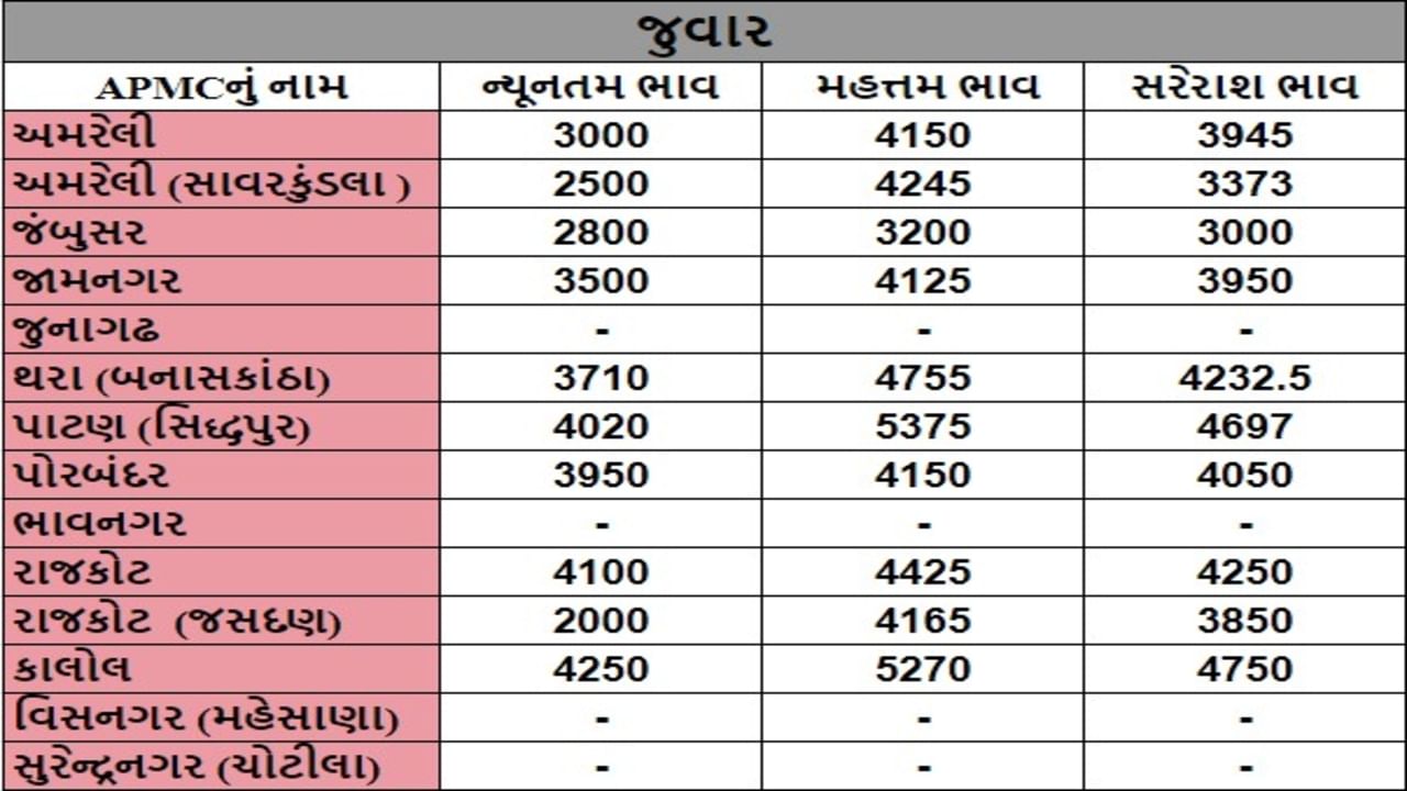 જુવારના તા.09-07-2024ના રોજ APMCના ભાવ રૂ.2000 થી 5375 રહ્યા.