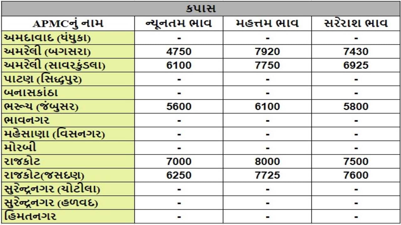 કપાસના તા.16-07-2024ના રોજ APMCના ભાવ રૂ.4750 થી 8000 રહ્યા.