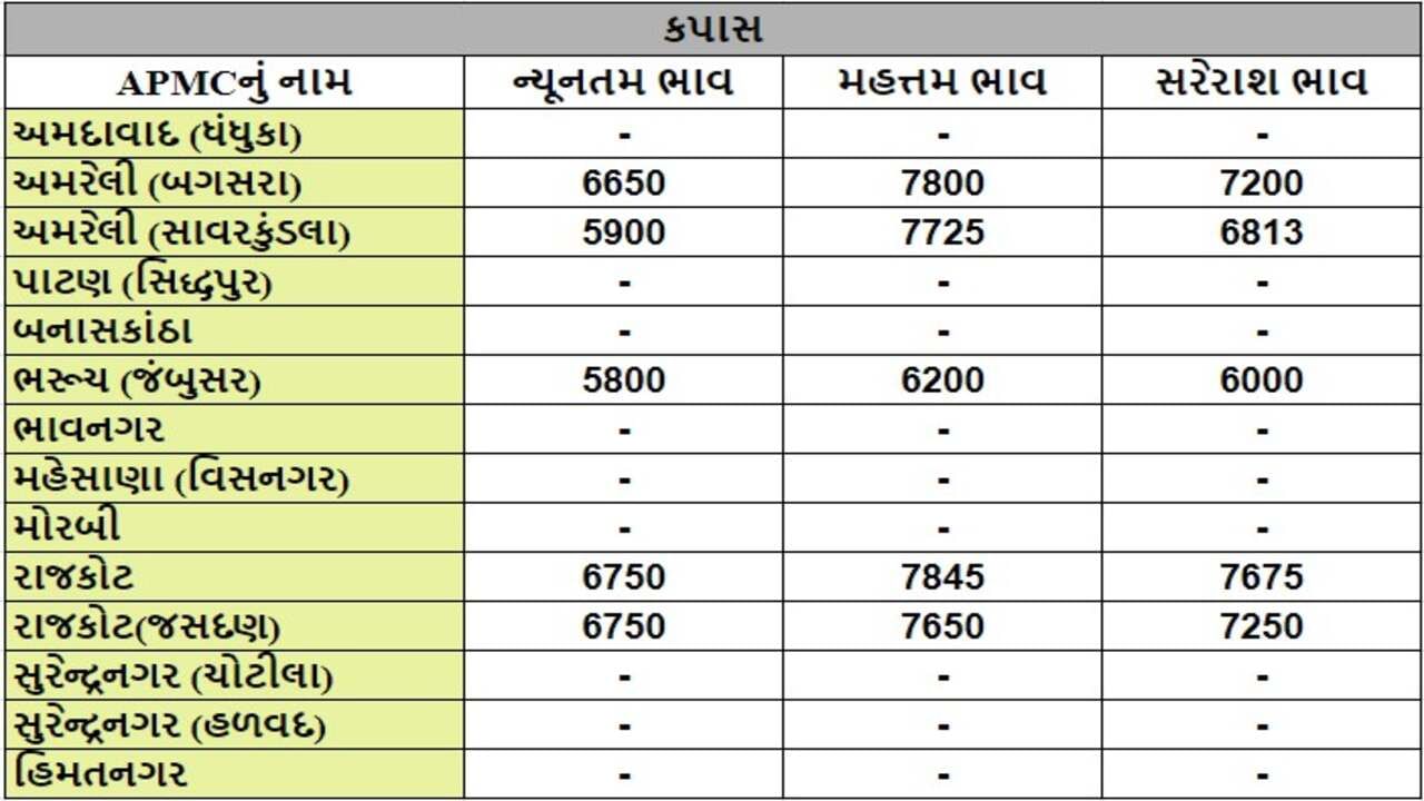 કપાસના તા.25-07-2024ના રોજ APMCના ભાવ રૂ.5800 થી 7845 રહ્યા.