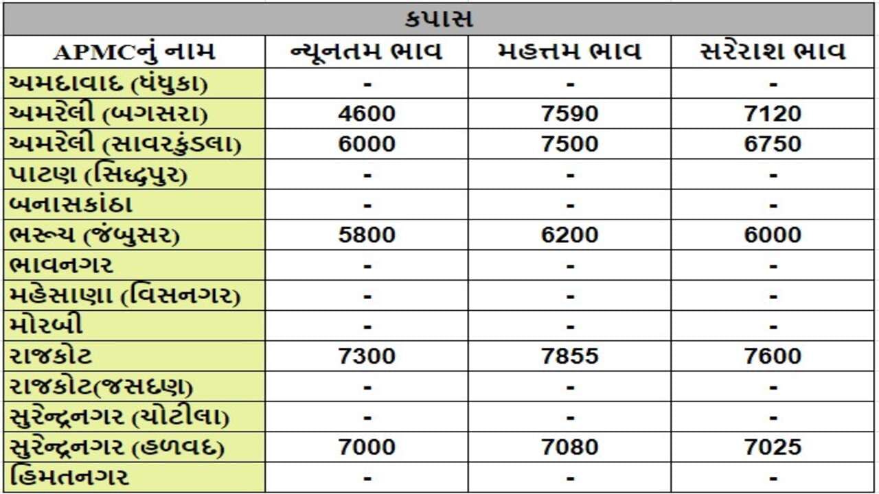 કપાસના તા.06-07-2024ના રોજ APMCના ભાવ રૂ.4600 થી 7855 રહ્યા.