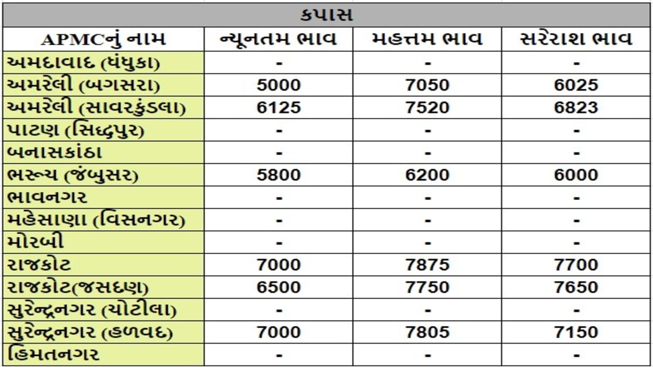 કપાસના તા.09-07-2024ના રોજ APMCના ભાવ રૂ.5000 થી 7875 રહ્યા.