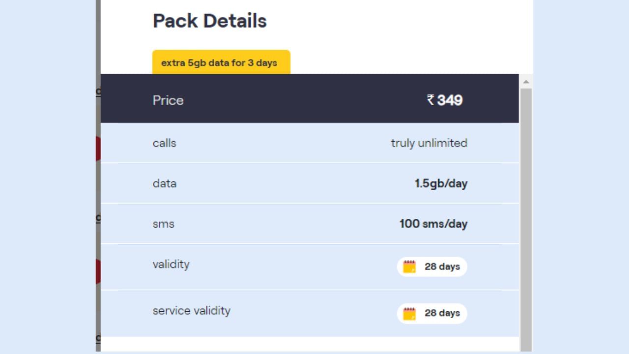 28 દિવસની માન્યતા સાથે વોડાફોન આઈડિયા દ્વારા ઓફર કરવામાં આવેલો રિચાર્જ પ્લાન રૂ. 349નો છે. આ રિચાર્જ સાથે તમને દરરોજ 1.5GB ડેટા, અમર્યાદિત કૉલિંગ અને 100 SMSનો લાભ મળે છે.