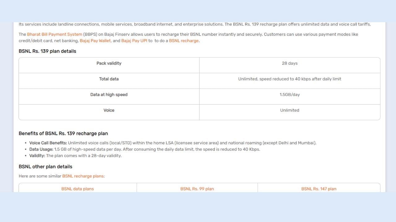 ત્યારે આ બધાથી સસ્તો પ્લાન BSNLનો છે BSNL 28 દિવસ માટે રુ. 139 છે. જે 1.5GB ડેટા સુધી અનલીમિડેટ કોલની સુવિધા આપી રહ્યું છે. આ પ્લાન 28 દિવસના રિચાર્જ પ્લાન માટે સૌથી સસ્તો પ્લાન છે. 