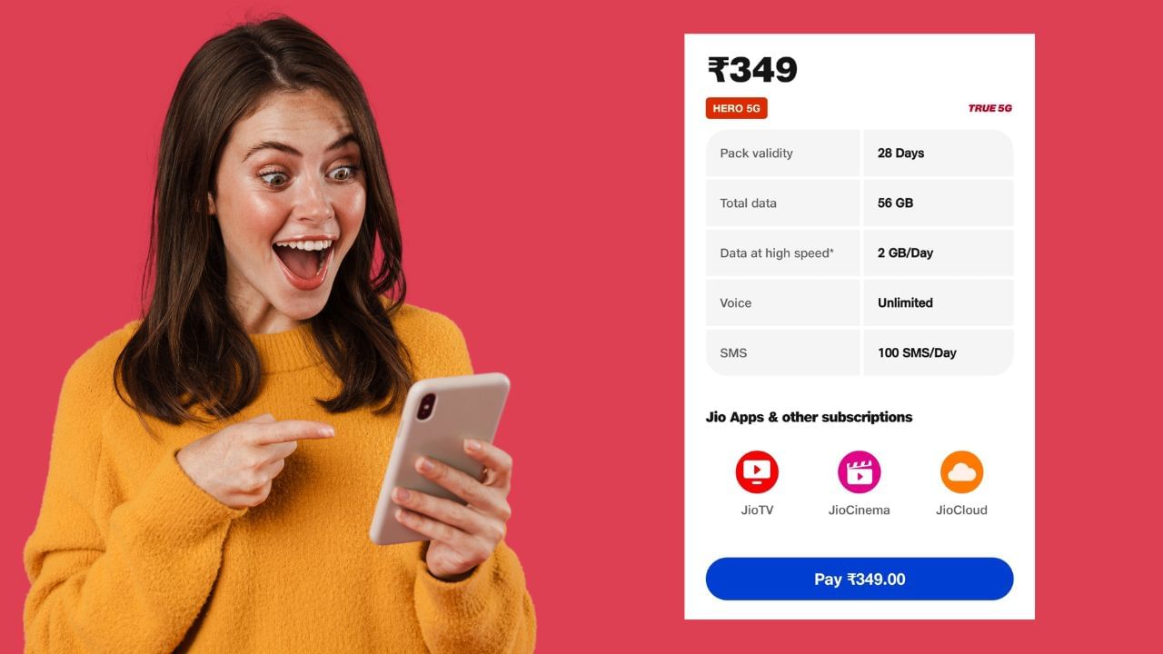 જો તમને અમર્યાદિત કૉલિંગ સાથે અમર્યાદિત 5G ડેટા જોઈએ છે, તો તમે Jioનો 349 રૂપિયાનો પ્લાન પસંદ કરી શકો છો. Jioનો આ પ્લાન 28 દિવસની વેલિડિટી સાથે આવે છે. Jio આ પ્લાનમાં તેના ગ્રાહકોને કુલ 56GB ડેટા ઓફર કરે છે. એટલે કે તમે દરરોજ 2GB ડેટાનો ઉપયોગ કરી શકો છો. આમાં તમને દરરોજ 100 SMS પણ મળે છે.