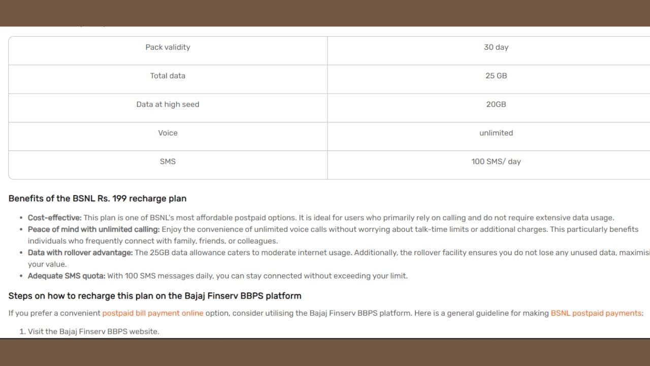 BSNLનો સૌથી સસ્તો પોસ્ટપેડ પ્લાન ₹199નો છે. આ પ્લાન 30 દિવસ માટે તમને 25GB ડેટા, અમર્યાદિત લોકલ અને નેશનલ કોલિંગ અને 100 SMSની સુવિધા આપે છે. આ સિવાય આ પ્લાનમાં ડેટા રોલઓવરની સુવિધા પણ છે, જેમાં તમે આવતા મહિના માટે 75GB સુધીનો ડેટા બચાવી શકો છો.