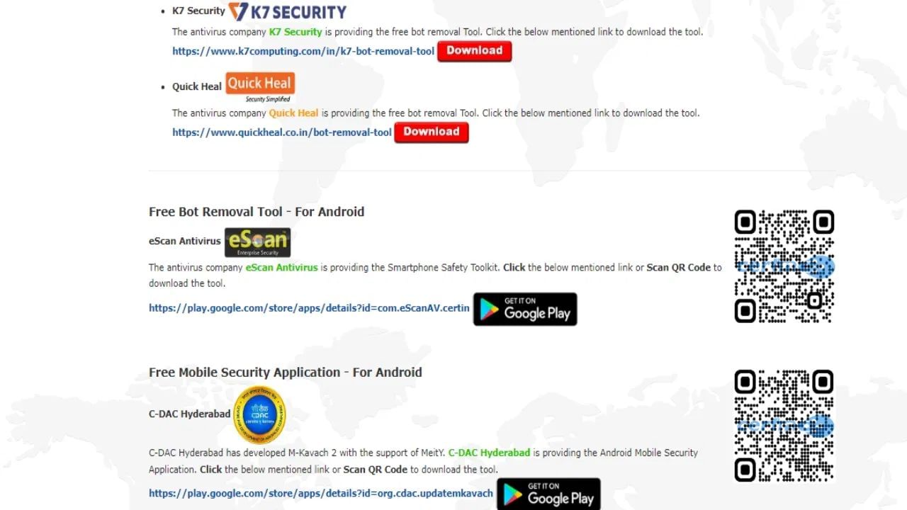 Antivirus App : Cyber Swachhta Kendra ની વેબસાઈટના હોમપેજ પર સિક્યોરિટી ટૂલ્સ સેક્શન પર ક્લિક કરતાની સાથે જ આ પેજ પર કેટલીક એન્ટિવાયરસ એપ્સ વિશે માહિતી આપવામાં આવે છે. તમારા મોબાઇલ ફોનની સલામતી માટે તમે તમારા ફોનમાં eScan CERT-In Bot Removal અને M-Kavach 2 એપ ઇન્સ્ટોલ કરી શકો છો. ચાલો તમને એક પછી એક બંને એપ્સ વિશે માહિતી આપીએ.
