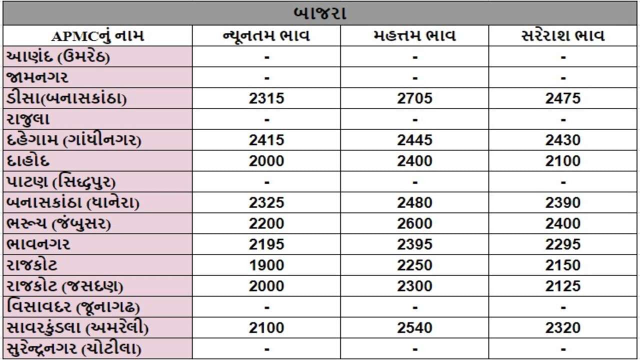 બાજરાના તા.16-08-2024ના રોજ APMCના ભાવ રૂ.1900 થી 2705 રહ્યા.