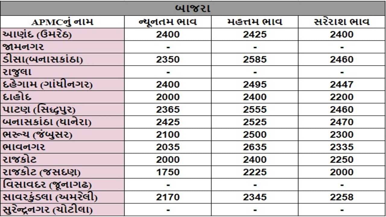 બાજરાના તા.20-08-2024ના રોજ APMCના ભાવ રૂ.1750 થી 2635 રહ્યા.