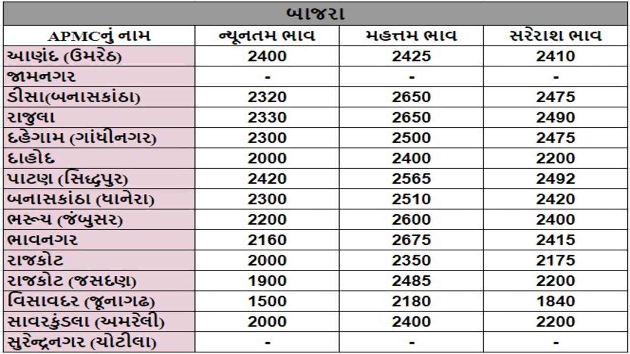 બાજરાના તા.21-08-2024ના રોજ APMCના ભાવ રૂ.1500 થી 2675 રહ્યા.