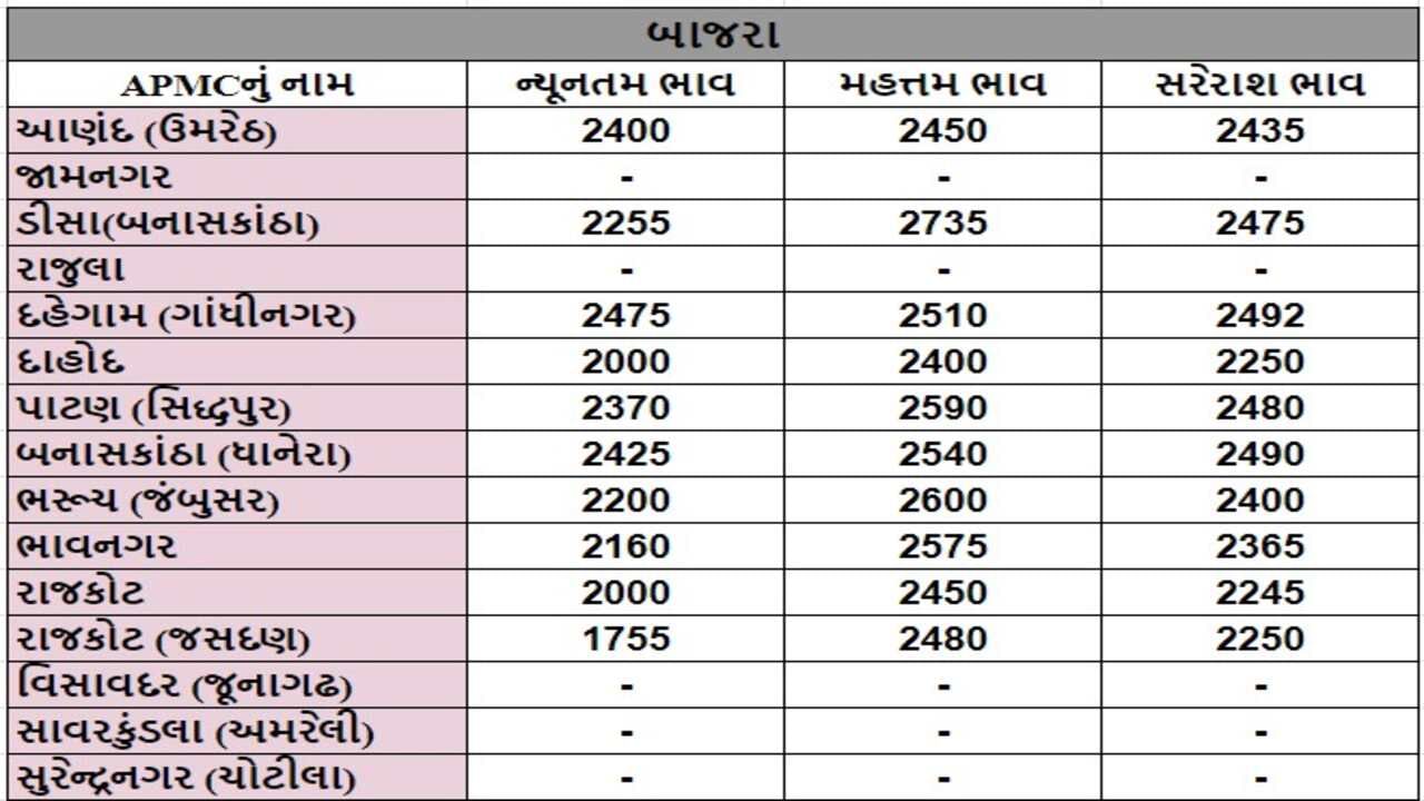 બાજરાના તા.22-08-2024ના રોજ APMCના ભાવ રૂ.1755 થી 2735 રહ્યા.