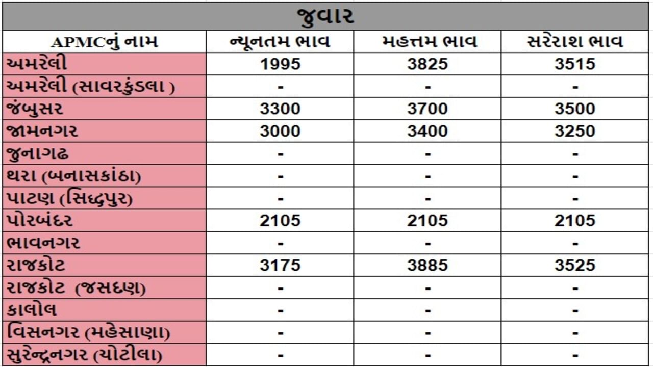 જુવારના તા.05-08-2024ના રોજ APMCના ભાવ રૂ.1995 થી 3885 રહ્યા.