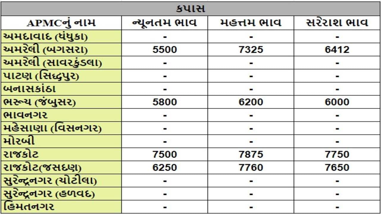 કપાસના તા.01-08-2024ના રોજ APMCના ભાવ રૂ.5500 થી 7875 રહ્યા.