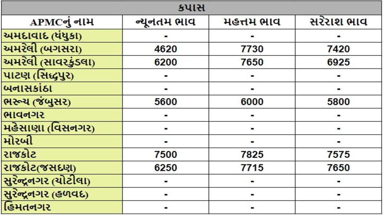 કપાસના તા.06-08-2024ના રોજ APMCના ભાવ રૂ.4620 થી 7825 રહ્યા.