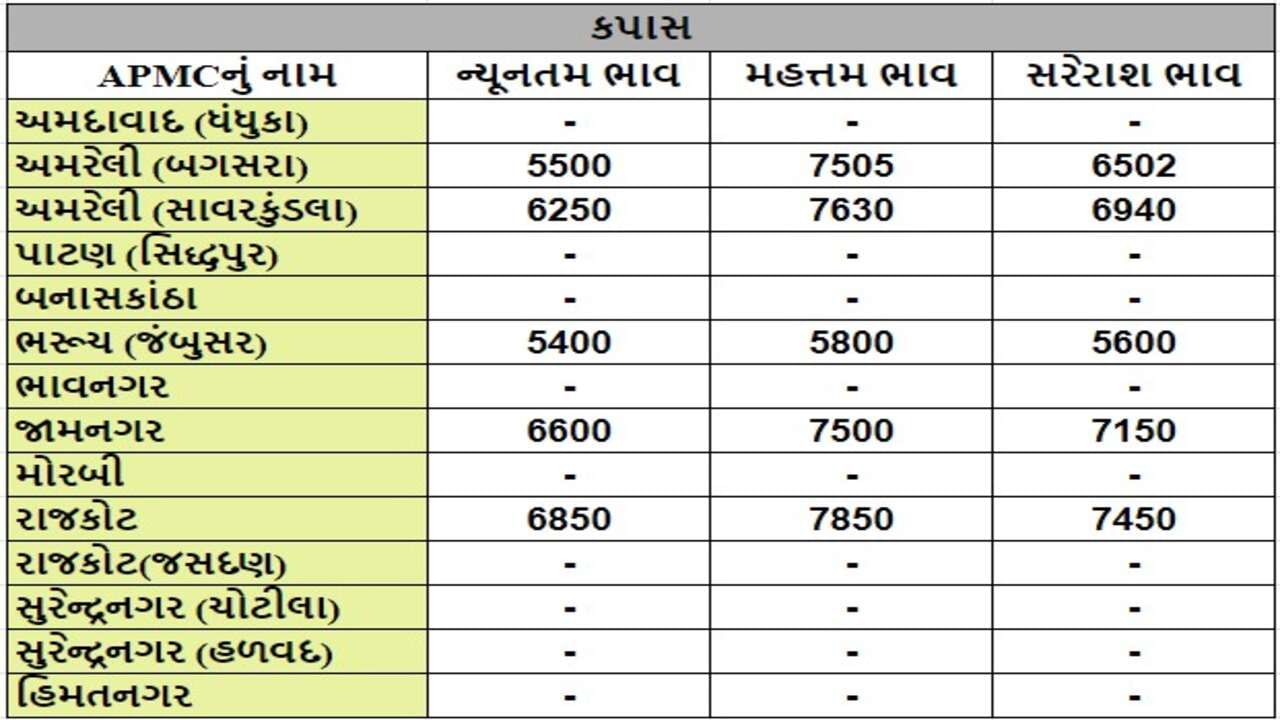 કપાસના તા.12-08-2024ના રોજ APMCના ભાવ રૂ.5400 થી 7820 રહ્યા.