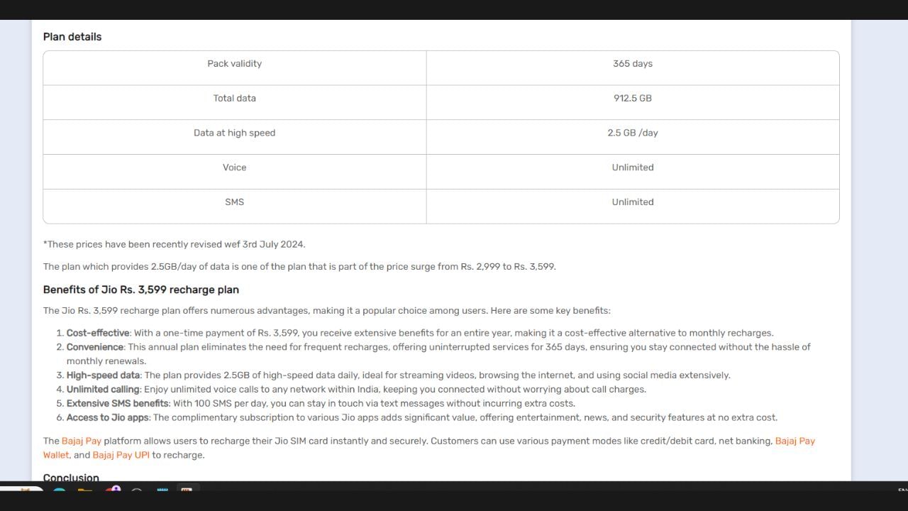 Jioનો 365 દિવસની વેલિડિટી સાથે 2 GB ડેટા પ્લાન નથી. પણ જીયોએ તેની કંપેરિઝનમાં 2.5 જીબી ડેટા મળે છે. જેની કિંમત 3599 રૂપિયા છે જેમાં અનલિમિટેડ વોઈસ કોલનો ફાયદો છે. આ સિવાય 100 SMSની સેવા પણ ઉપલબ્ધ છે.