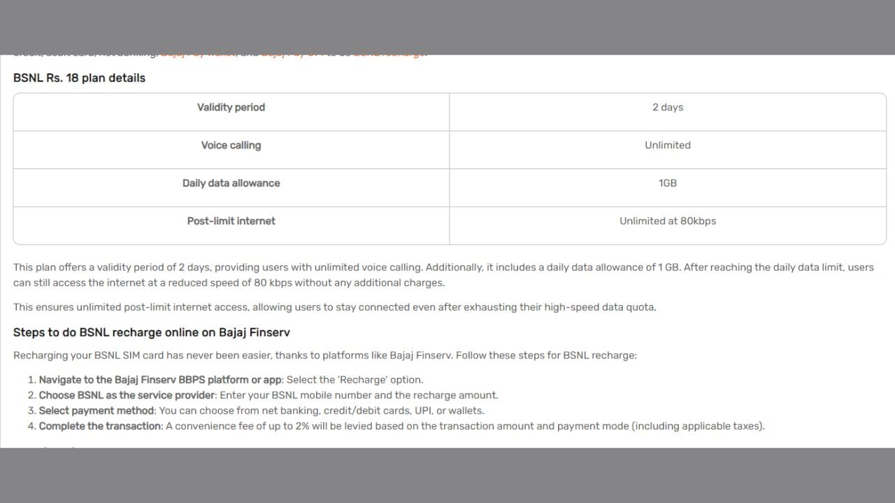 BSNL સૌથી સસ્તો પ્લાન માત્ર રુ. 18માં મળી રહ્યો છે. BSNLનો આ રિચાર્જ પ્લાન 2 દિવસની વેલિડિટી સાથે આવે છે. આ પેક અમર્યાદિત વૉઇસ કૉલ્સ અને બે દિવસ 1GB ડેટા ઓફર કરે છે. મર્યાદા પૂરી થયા પછી, ગ્રાહકો 80kbpsની ઓછી ઝડપે અમર્યાદિત ઇન્ટરનેટનો આનંદ માણી શકશે.