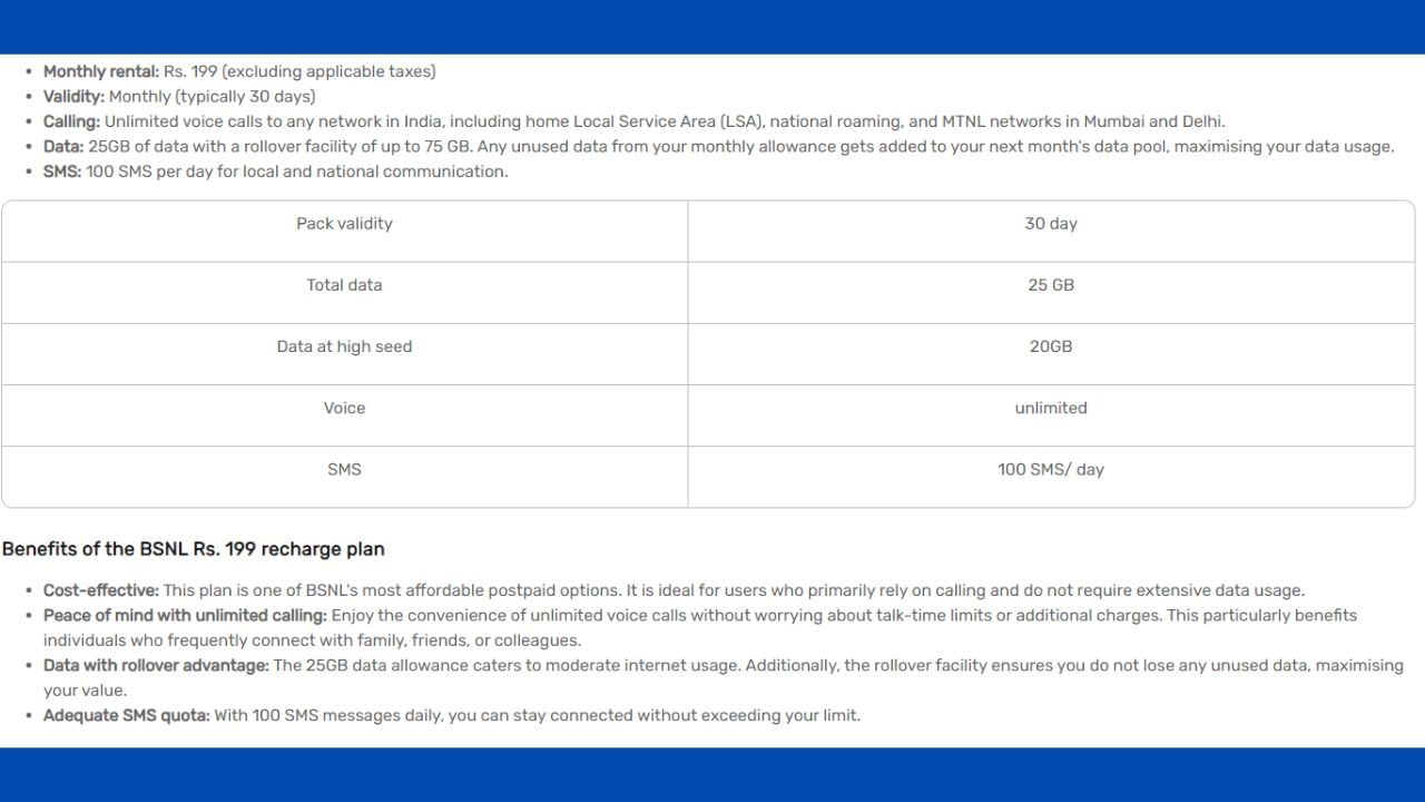 BSNL નો 199 રૂપિયાનો પ્લાન : BSNLનો આ રિચાર્જ પ્લાન 199 રૂપિયાની કિંમતે આવે છે. આ રિચાર્જ પ્લાનમાં યુઝર્સને દરરોજ 2GB ડેટા અને 100 ફ્રી SMSનો લાભ મળે છે. ભારત સંચાર નિગમ લિમિટેડના આ પ્લાનમાં યુઝર્સને 30 દિવસની વેલિડિટી મળે છે એટલે કે યુઝર્સને કુલ 60GB ડેટાનો લાભ મળે છે. આ સિવાય આ પ્લાન દેશભરમાં કોઈપણ નેટવર્ક પર અમર્યાદિત વૉઇસ કૉલિંગનો લાભ પણ આપે છે. વધુમાં, યુઝર્સ દિલ્હી અને મુંબઈમાં MTNL નેટવર્ક પર ફ્રી કૉલિંગ અને રોમિંગનો પણ લાભ લઈ શકશે.