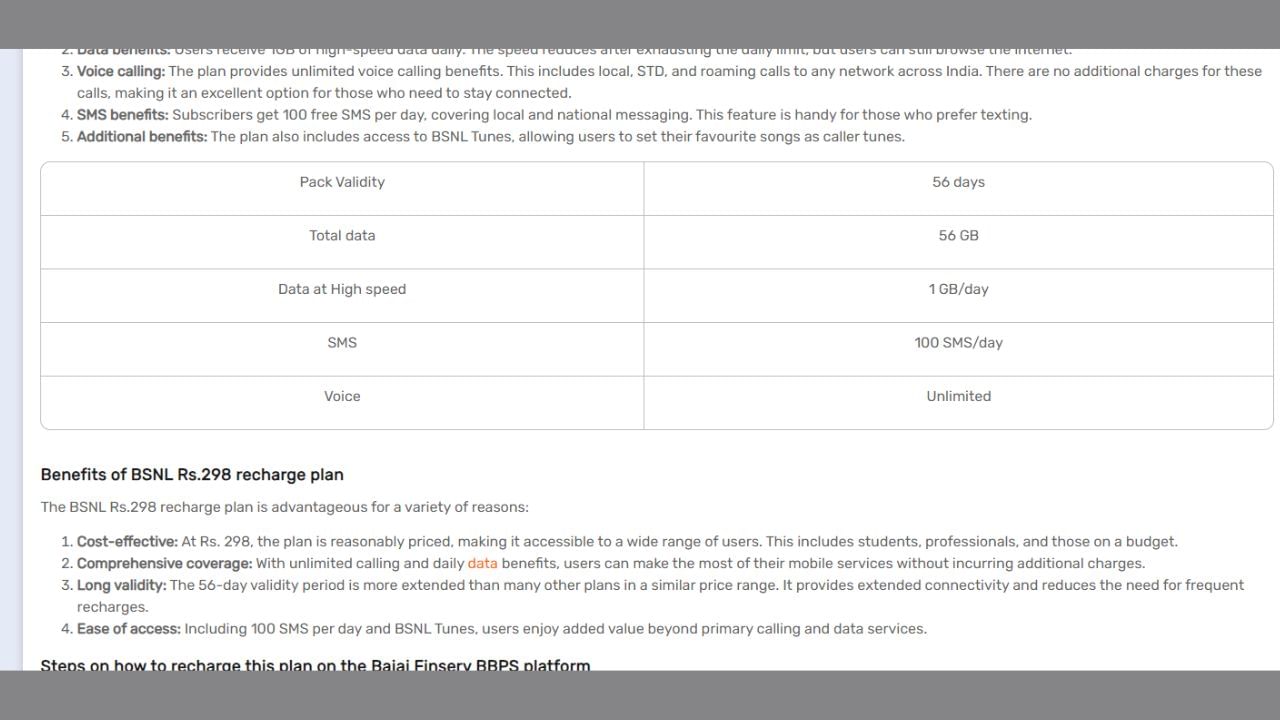 BSNLનો પ્રીપેડ પ્લાન 52 દિવસની વેલિડિટી સાથે રૂ. 298 મળી રહ્યો છે. આ પેક સ્થાનિક અને STD પર અમર્યાદિત વૉઇસ કૉલ્સ પ્રદાન કરે છે. તેમાં દરરોજ 100 SMS સાથે દરરોજ 1GB ડેટાની સુવિધા પણ છે. આ પ્લાનમાં Eros Now મનોરંજન સેવાઓનું મફત સબ્સ્ક્રિપ્શન પણ સામેલ છે.