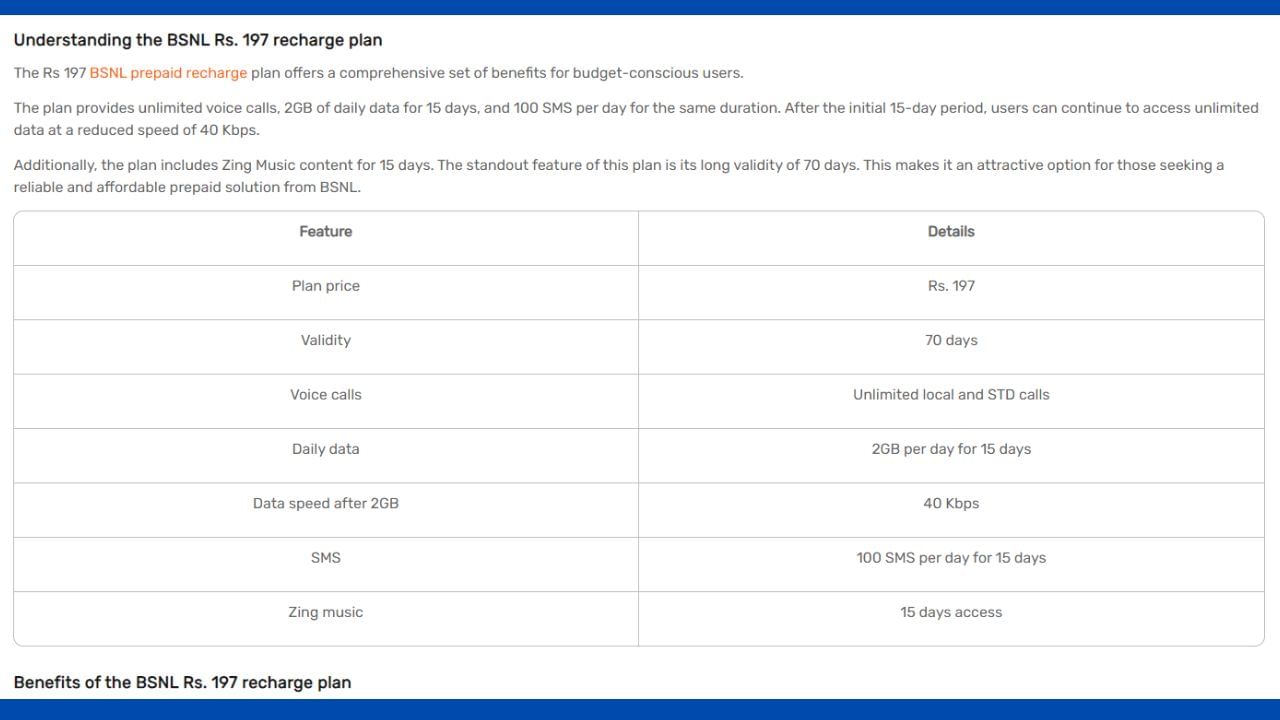 BSNL નો 197 રૂપિયાનો પ્લાન : ભારત સંચાર નિગમ લિમિટેડનો આ રિચાર્જ પ્લાન 197 રૂપિયાની કિંમતે આવે છે. આ પ્રીપેડ રિચાર્જ પ્લાનમાં યુઝર્સને કુલ 70 દિવસની વેલિડિટી મળે છે. આ કોઈપણ ટેલિકોમ કંપનીનો સૌથી સસ્તો રિચાર્જ પ્લાન છે, જેમાં 70 દિવસ સુધીની વેલિડિટી આપવામાં આવી રહી છે. આ પ્રીપેડ રિચાર્જ પ્લાનમાં યૂઝર્સને 18 દિવસ માટે અનલિમિટેડ વૉઇસ કૉલિંગનો લાભ મળે છે.