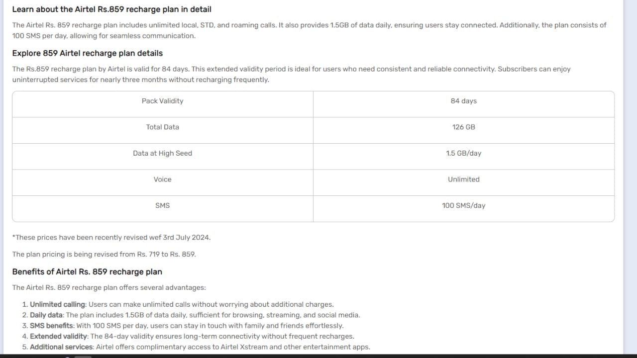 Airtelની વાત કરીએ તો, આ કંપની 859 રૂપિયામાં 84 દિવસ માટે દરેક 1.5GB ડેટાનો આનંદ આપે છે. દરરોજ 100 SMS અને અમર્યાદિત કૉલિંગ ઉપરાંત, તમને પ્લાન સાથે Airtel Thanks Rewardsનો લાભ પણ મળે છે. આ અંતર્ગત, RewardsMini123 મેમ્બરશિપ એરટેલ પેમેન્ટ્સ બેંક માટે ઉપલબ્ધ છે.