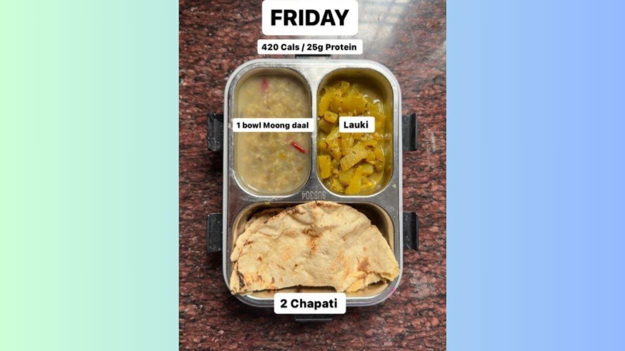 Friday Lunchbox Ideas : શુક્રવાર માટે તેણે 420 કેલરી અને 25 ગ્રામ પ્રોટીનનો લંચ પ્લાન શેર કર્યો છે. એક વાટકી મગની દાળ, દૂધી અને 2 રોટલીનો સમાવેશ કર્યો છે. 
(Photo Credit : hustle._humble Instagram Account)
