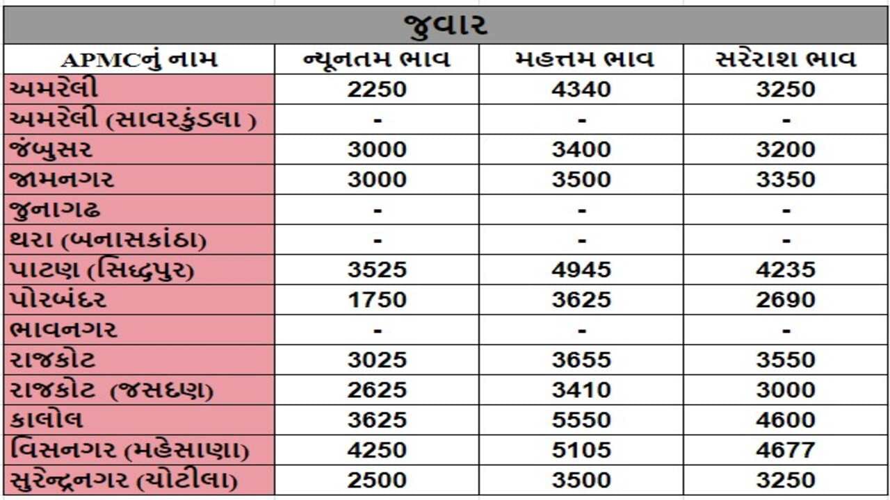 જુવારના તા.08-08-2024ના રોજ APMCના ભાવ રૂ.1750 થી 5550 રહ્યા.