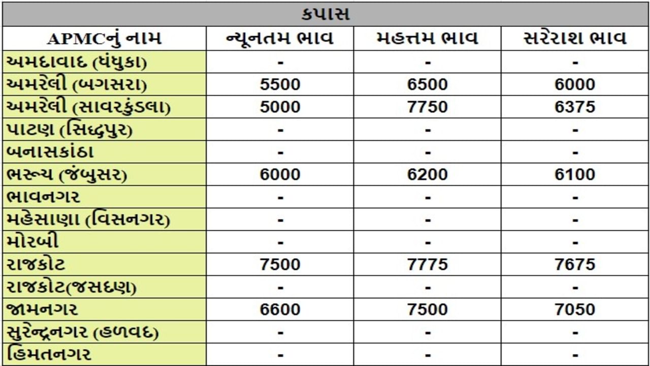 કપાસના તા.05-08-2024ના રોજ APMCના ભાવ રૂ.5000 થી 7775 રહ્યા.